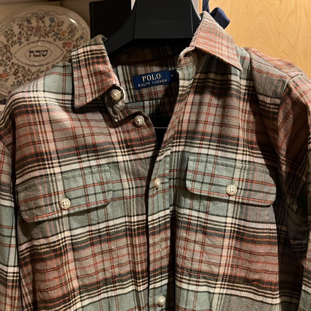 Polo Ralph Lauren plaid tartan flannel shirt cotton size medium suede elbow